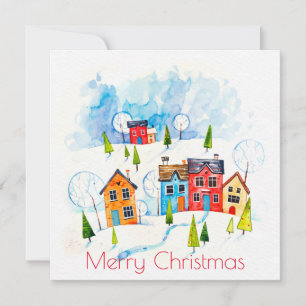 Tarjeta Feliz Navidad acuarela pueblo nevado