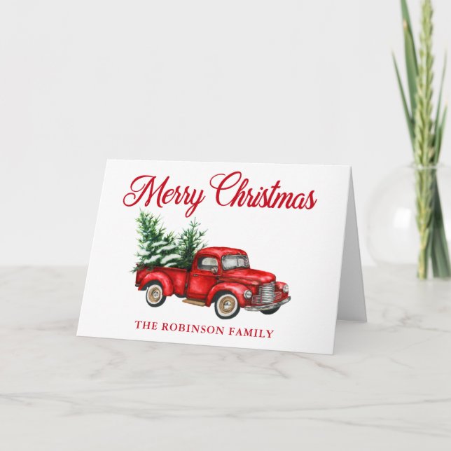 Tarjeta Feliz Navidad acuarela Vintage Red Truck Fold (Anverso)