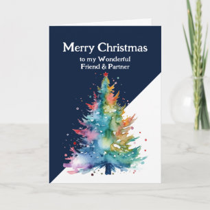 Tarjeta Feliz Navidad, amigo y compañero de árbol colorido
