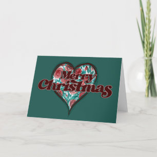 Tarjeta Feliz Navidad Amor de invierno corazón rojo y verd