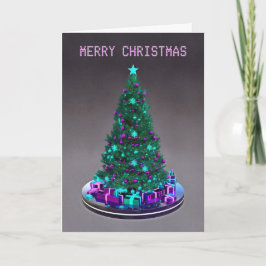 Tarjeta Feliz Navidad. Árbol decorado con regalos