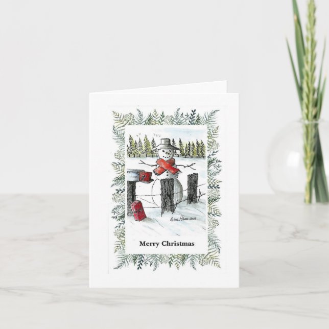 Tarjeta Feliz Navidad, artista Snowman pintando papel (Anverso)