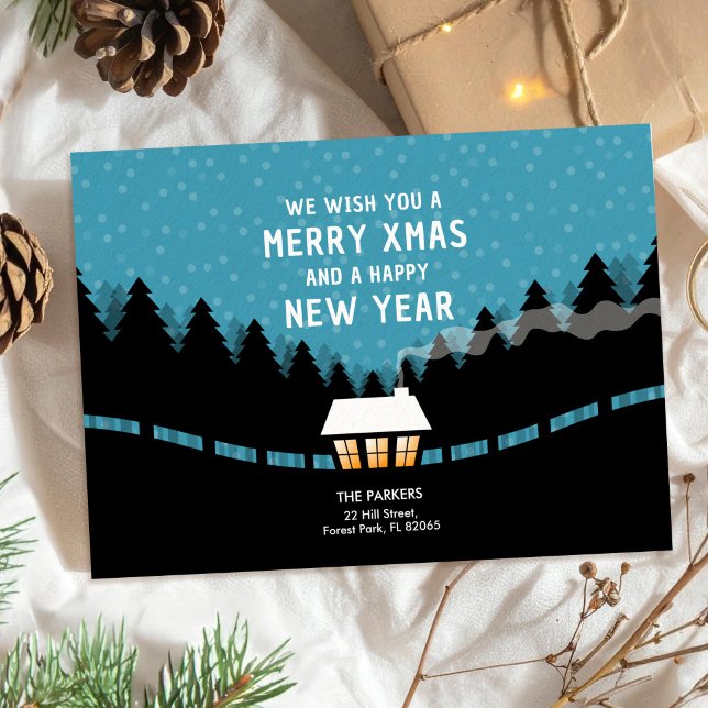 Tarjeta Feliz Navidad azul con pinos retro (Subido por el creador)