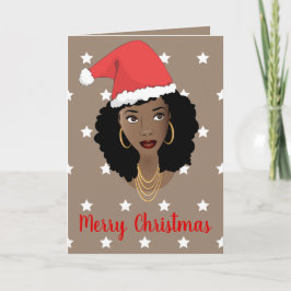 Tarjeta Feliz Navidad! Black Woman Santa Hat White Stars