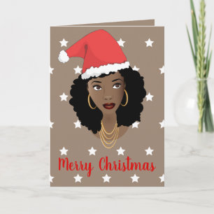 Tarjeta Feliz Navidad! Black Woman Santa Hat White Stars