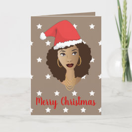 Tarjeta Feliz Navidad! Black Woman Santa Hat White Stars