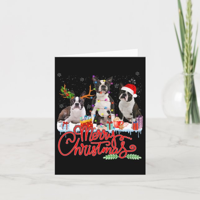 Tarjeta Feliz Navidad Boston Terrier Santa Reindeer Ligh (Anverso)