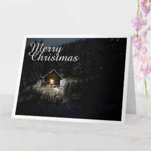 Tarjeta Feliz Navidad Cabaña Mística Bosques Profundos