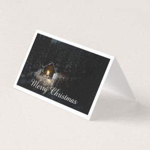 Tarjeta Feliz Navidad Cabaña Mística Bosques Profundos