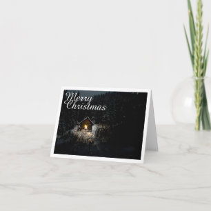 Tarjeta Feliz Navidad Cabaña Mística Bosques Profundos