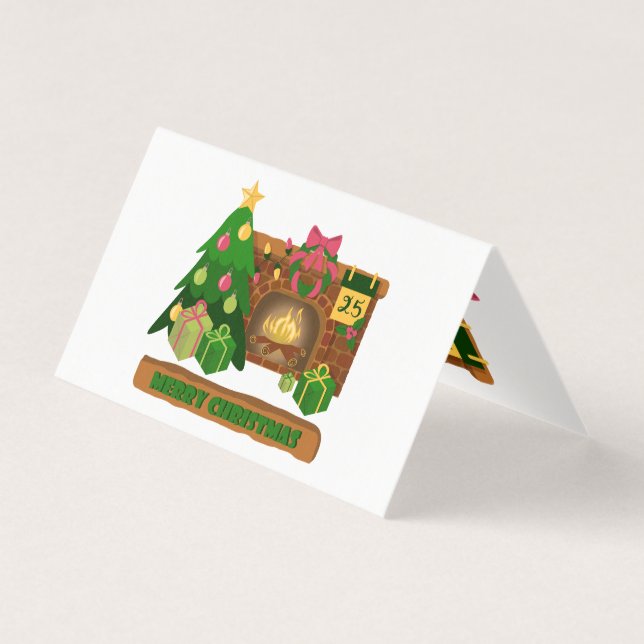Tarjeta Feliz Navidad cerca de la chimenea de fuego árbol  (Anverso)