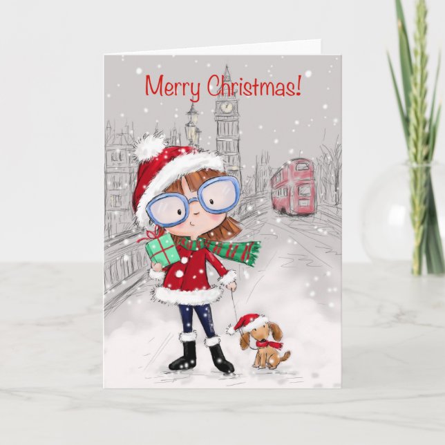 Tarjeta Feliz Navidad, Chica municipal caminando por su pe (Anverso)