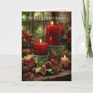 Tarjeta Feliz Navidad Chimenea Velas Rojas Piñas