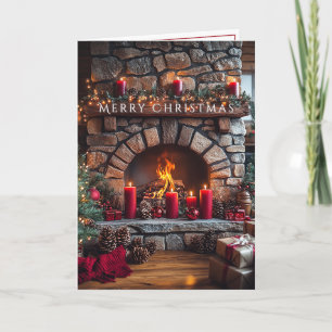 Tarjeta Feliz Navidad Chimenea Velas Rojas Piñas