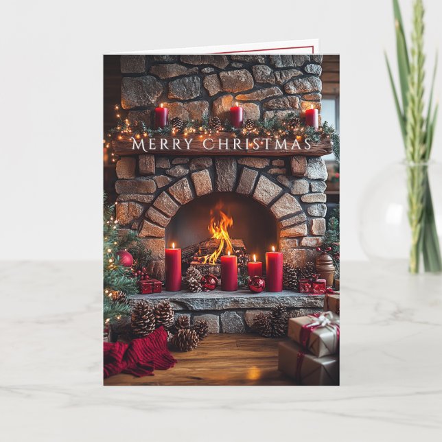 Tarjeta Feliz Navidad Chimenea Velas Rojas Piñas (Anverso)