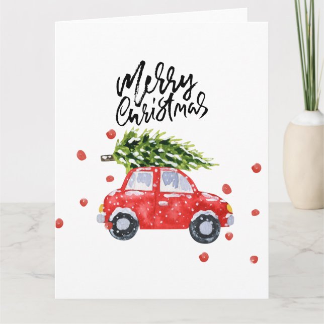 Tarjeta Feliz Navidad coche rojo con árbol de Navidad   (Anverso)