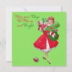 Tarjeta Feliz Navidad Compras Señora Navidad 1950