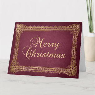 Tarjeta Feliz Navidad con borde ornamentado de rojo y fals