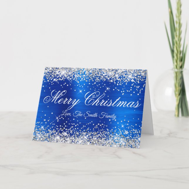Tarjeta Feliz Navidad con Brillo de Plata sobre Azul Real (Anverso)