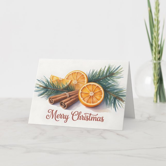 Tarjeta Feliz Navidad con naranjas y canela (Anverso)