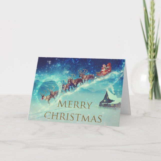 Tarjeta Feliz Navidad con Santa y los renos. (Anverso)