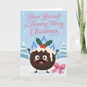 Tarjeta Felíz Navidad con un budín llameante