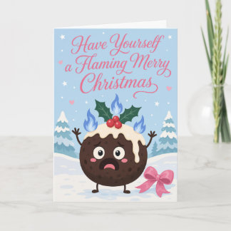 Tarjeta Felíz Navidad con un budín llameante