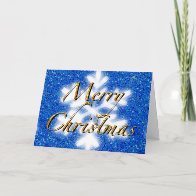 Tarjeta Feliz Navidad, copo de nieve brillante azul (Anverso)