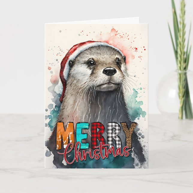 Tarjeta Feliz Navidad Cubierta Feliz Santa Otter Card (Anverso)