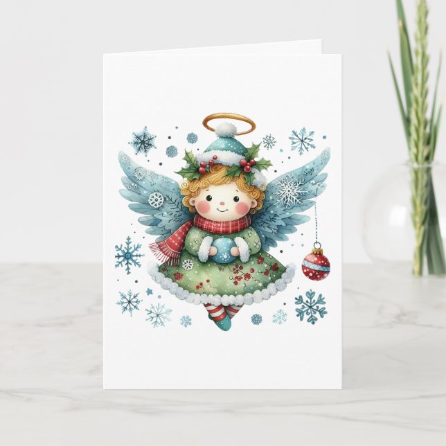 Tarjeta Feliz Navidad Cute Angel Folk Art Style (Anverso)