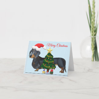 Tarjeta Feliz Navidad Dachshund con árbol