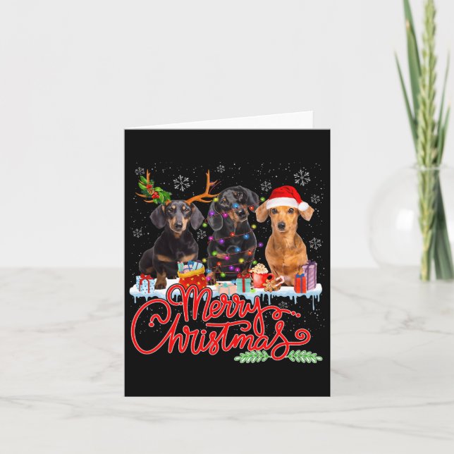 Tarjeta Feliz Navidad Dachshund Perros Santa Reindeer Ligh (Anverso)