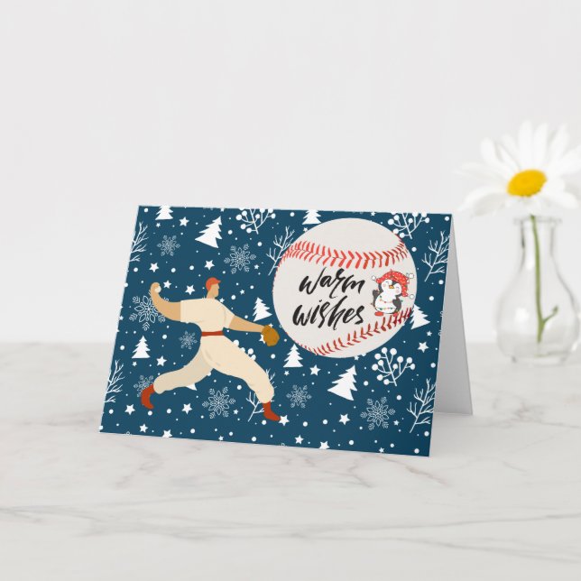 Tarjeta Feliz Navidad de béisbol con jugador y pelota (Planta pequeña)