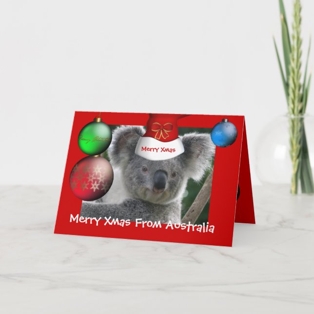 Tarjeta Feliz Navidad Desde Australia Gorro Koala (Anverso)