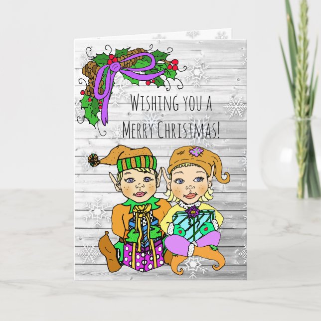 Tarjeta Feliz Navidad Deseos De Elfos Whimsicales (Anverso)
