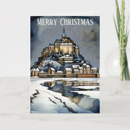 Tarjeta Feliz Navidad Deseos Mont St Michel Abbey
