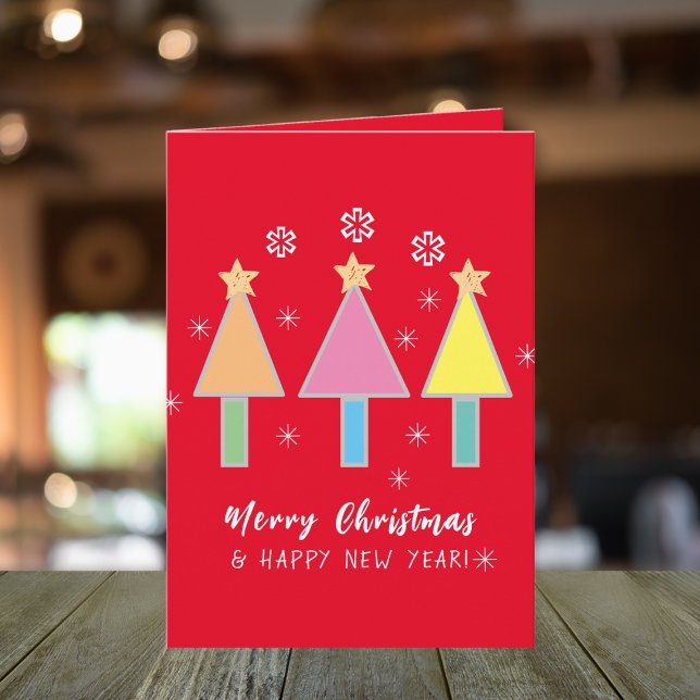 Tarjeta Feliz Navidad Diversión Arte Familia Nombre Navida (Bright & cheerful 3 little trees Merry Christmas and Happy New Year card.)