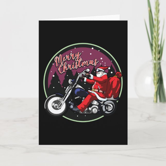 Tarjeta Feliz Navidad Divertido Santa Monta Motocicleta Re (Anverso)