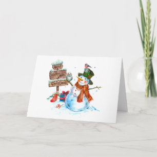 Tarjeta Feliz Navidad, dulce hombre de nieve y pájaros