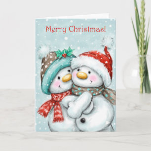 Tarjeta Feliz Navidad, dulce pareja de Snowman
