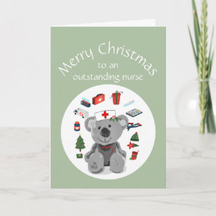Tarjeta Feliz Navidad Enfermera en Blanco Oso Teddy Lindo