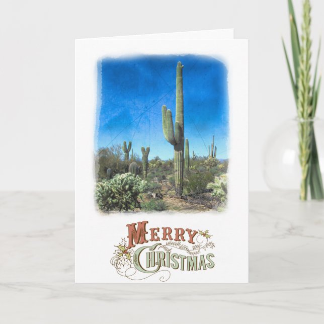 Tarjeta Feliz Navidad Escena del desierto de Saguaro (Anverso)