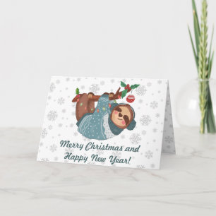 Tarjeta Feliz Navidad, eslogan colgante y copos de nieve