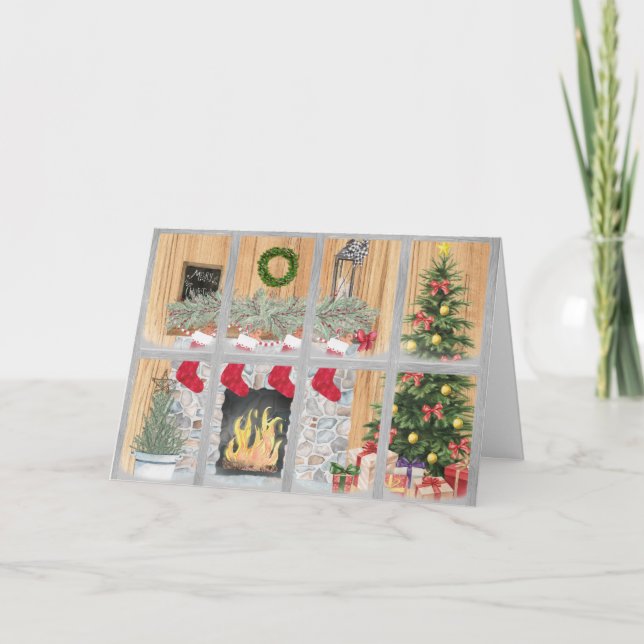 Tarjeta Feliz Navidad Familia Chimenea Regalos de árbol (Anverso)