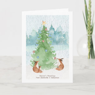 Tarjeta Feliz Navidad Familia de Zorros con Árbol Acuarela