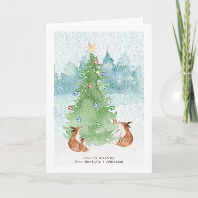 Tarjeta Feliz Navidad Familia de Zorros con Árbol Acuarela (Anverso)