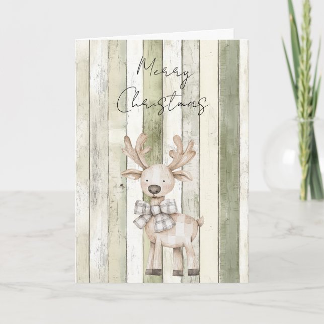Tarjeta Feliz Navidad Faux Green Wood Stripes Reindes (Anverso)