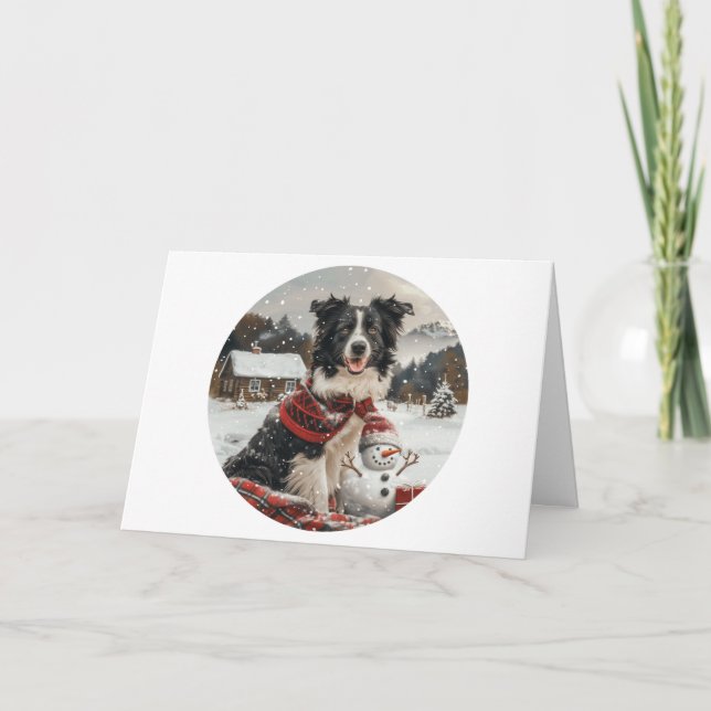 Tarjeta Feliz Navidad Frontera Collie Dog Snowman (Anverso)
