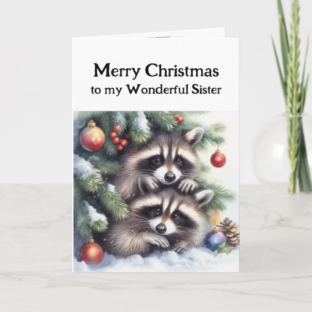 Tarjeta Feliz Navidad Fun Raccoons Hermana (Anverso)