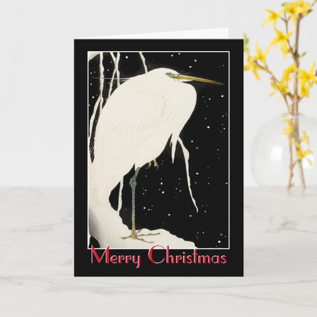 Tarjeta Feliz Navidad - Garza en nieve - Ohara Koson (flor amarilla)